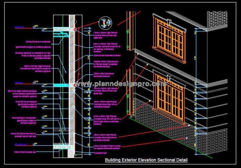 Building Exterior Elevation DWG- Stone & Textured Paint
