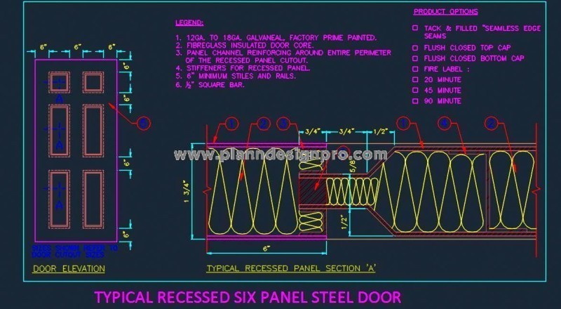 Recessed Six-Panel Door CAD- Elevation and Sectional Details