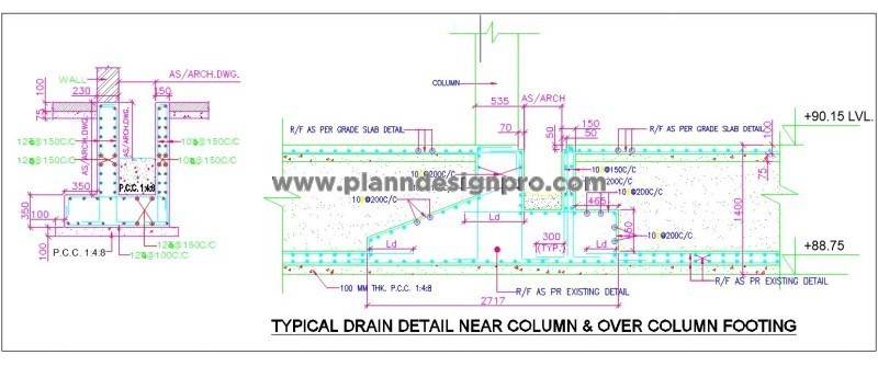 R.C.C. Column Footing Drain Design DWG with Detailed Section