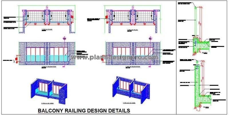 Balcony Railing CAD Design- MS Pipe & Wooden Handrail