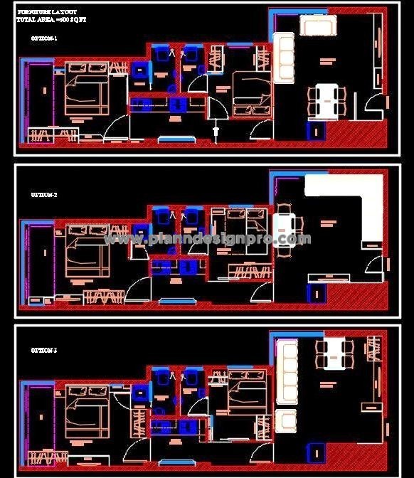2 BHK Apartment AutoCAD Drawing with 3 Layout Options