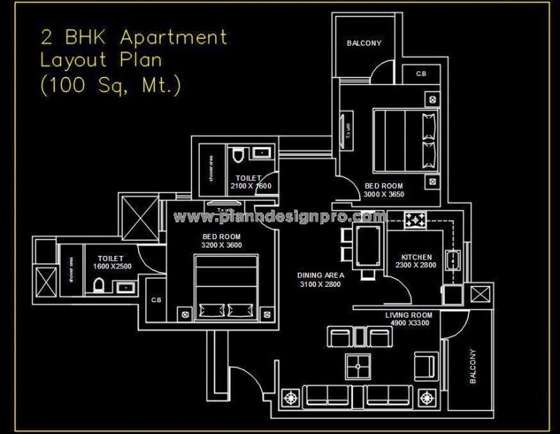 2 BHK Apartment Floor Plan in AutoCAD