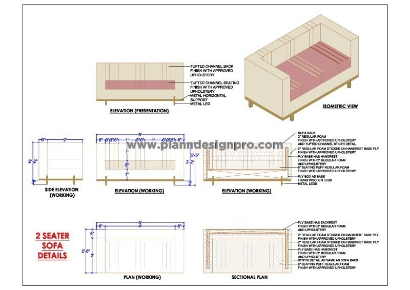 2-Seater Sofa CAD DWG- Detailed Elevation & Sectional Plans