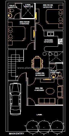 25'x50' 2 BHK House Free CAD Design with Lawn and Car Parking
