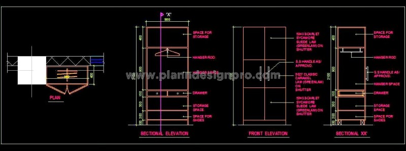 3' Wardrobe Design in AutoCAD- Elevation & Partition Details