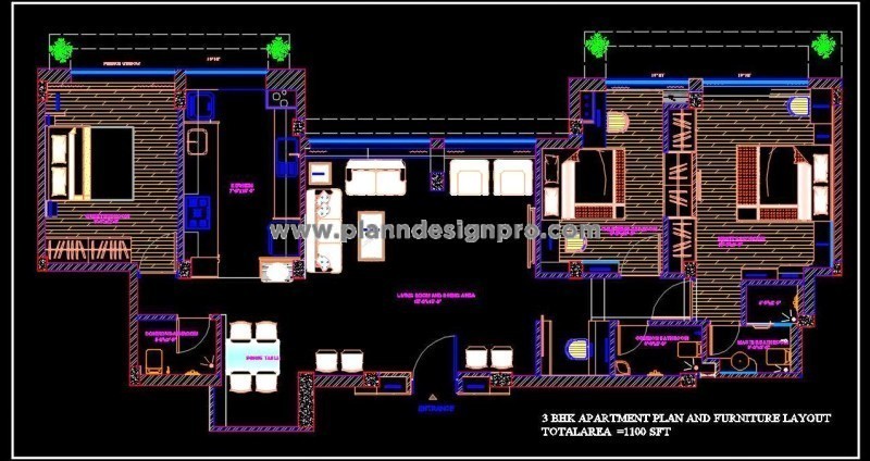 3 BHK Apartment Layout in 1100 sq. ft. - Autocad Drawing