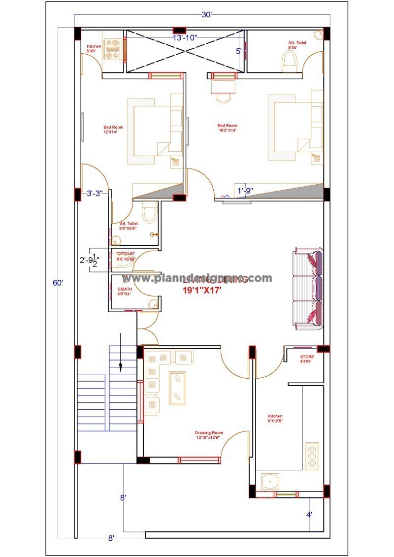 30'x60' House Ground Floor Plan in AutoCAD DWG