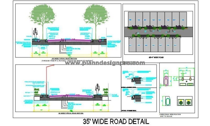 35' Road Design with Pathways & Drain Details in AutoCAD