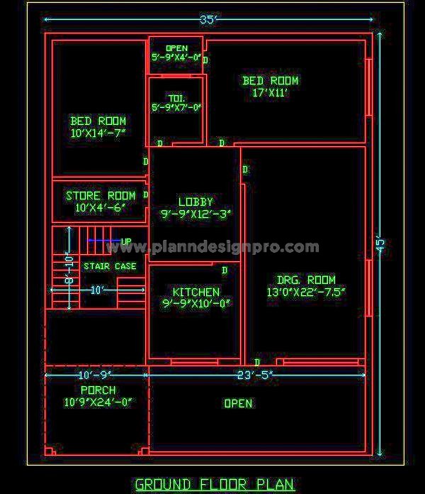 35'x45' Independent House Free AutoCAD Block -2 BHK Design