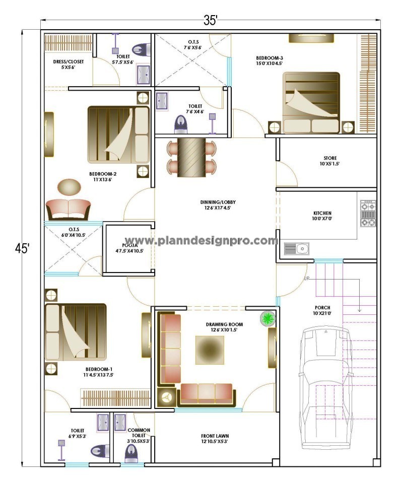 35'x45' Residential CAD Drawing with Detailed Layout