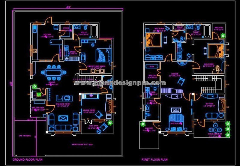 45'x60' Duplex House Plan - Autocad Drawing Download