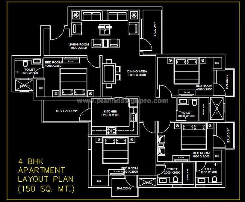 4 BHK Apartment Plan in Autocad DWG - Spacious and Detailed