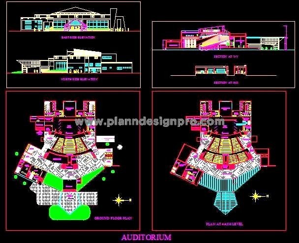 500-Seat Auditorium Design DWG Detailed Floor Plans & Sections