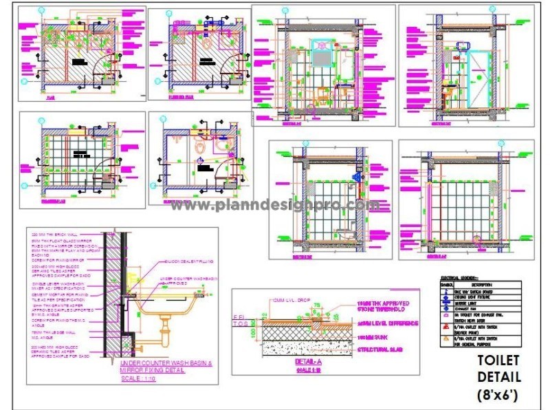 8'x6' Toilet Plan DWG- WC, Basin, Shower & Plumbing Details