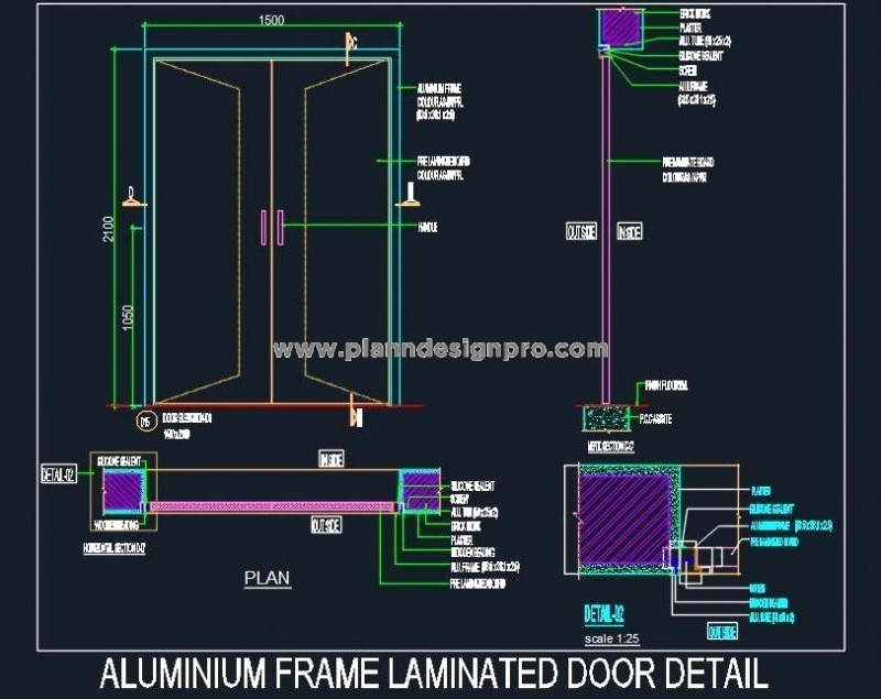 Aluminium Frame Laminated Door DWG- Plans, Elevations, Sections