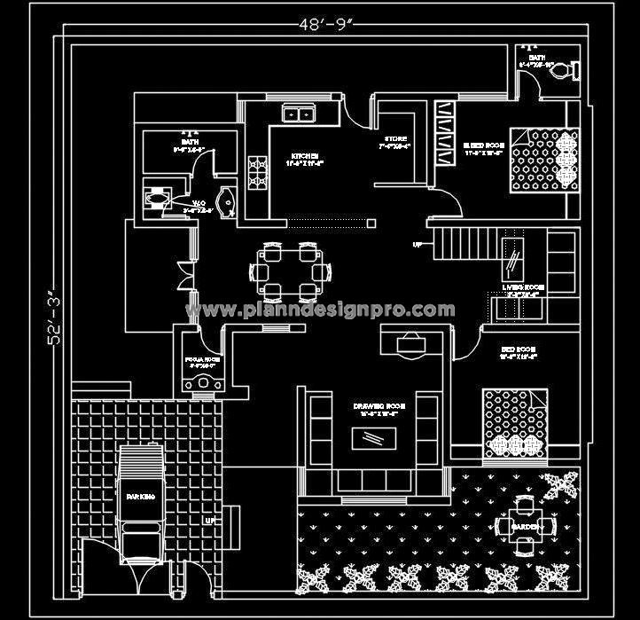 Architectural Plan for 2 BHK House  Free DWG Download