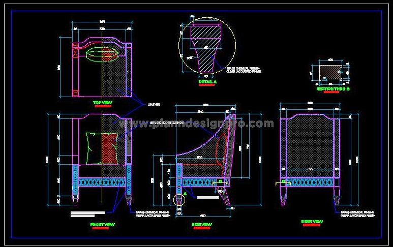 Armchair CAD Detail- Fabric, Leather & Wooden Leg Design
