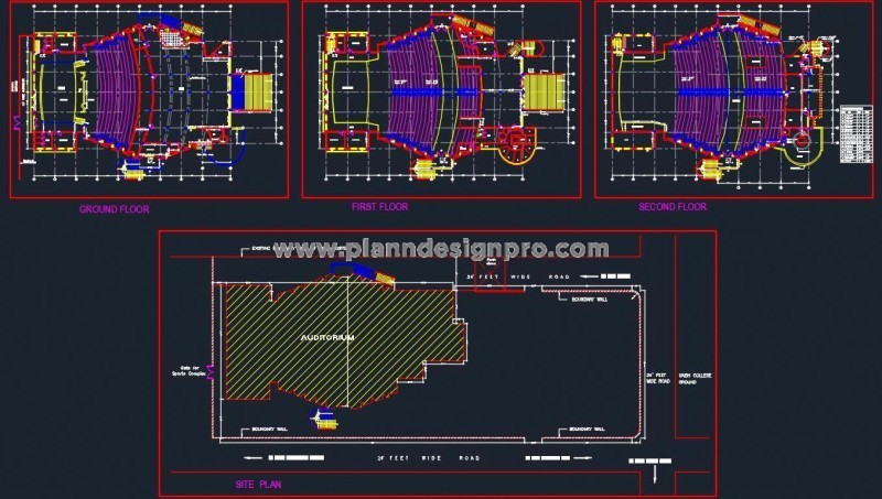 Auditorium Architectural CAD Plans- Stage, Seating, and Facilities