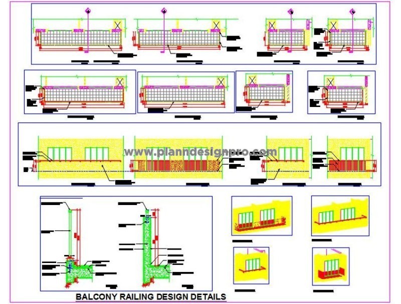 Balcony Railing Design DWG- MS & RCC Wall Railing Details