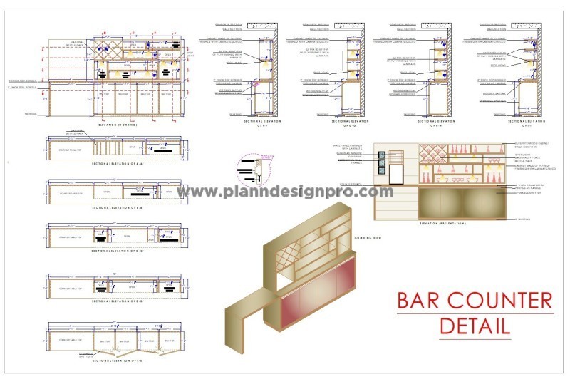 Bar Counter CAD Drawing with Storage and Seating