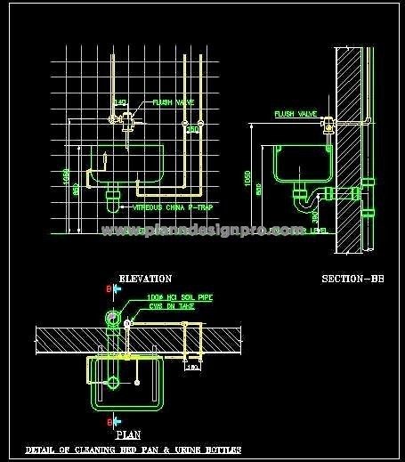Bed Pan Washer Plumbing Plan- AutoCAD DWG with Pipe Details