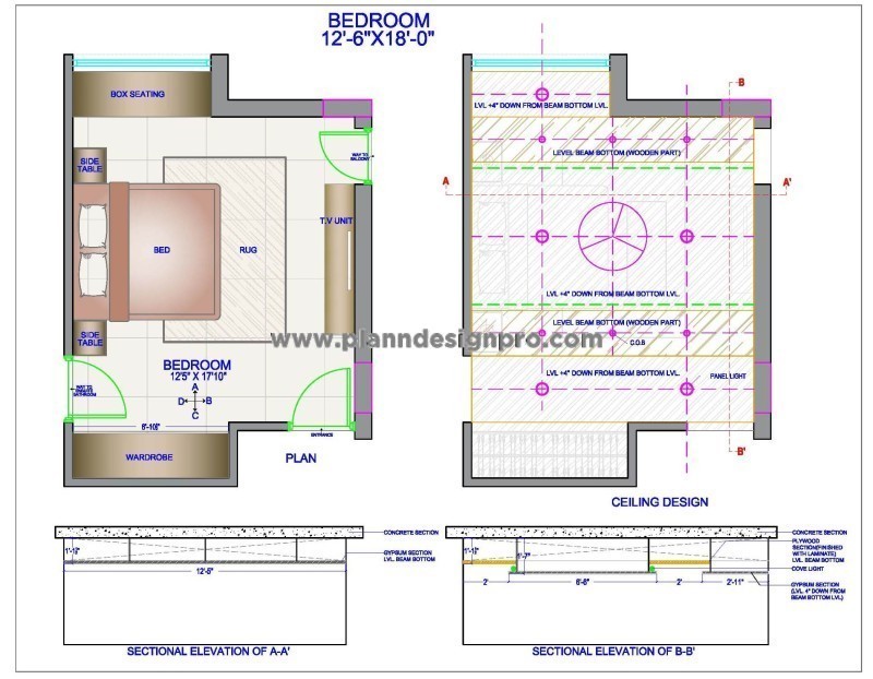 Bedroom Design Furniture and Ceiling Layout (12'x18')