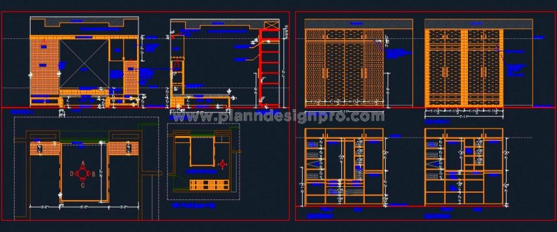 Bedroom Interior DWG- Double Bed, Side Tables, Wardrobe CAD