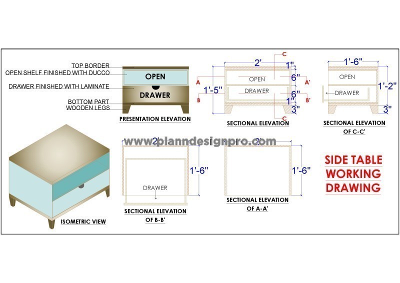 Bedside Table CAD Design with Detailed Drawings