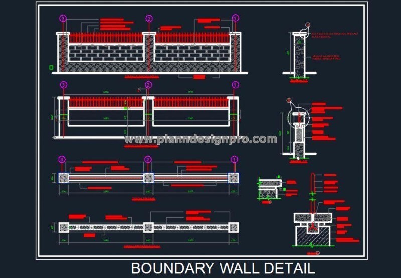 Boundary Wall CAD DWG- Brick Masonry & MS Grill Design