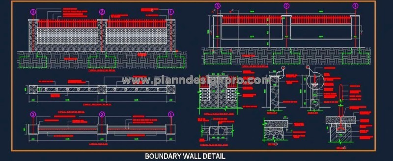 Boundary Wall CAD DWG Brick Masonry, MS Grill, RCC Pier Details