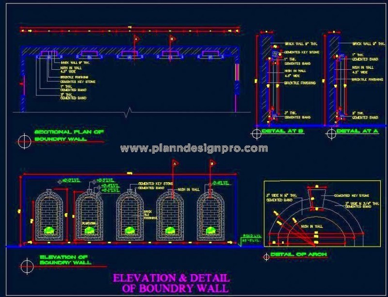 Boundary Wall DWG Detail with Cement Arch and Brick Tile