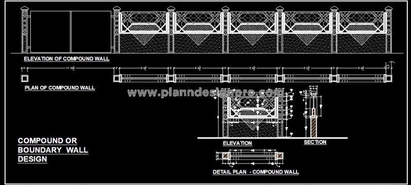 Boundary Wall Design CAD File- Brick and Grill Design