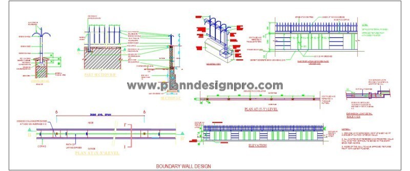 Boundary Wall Design DWG- M.S. Square Bar, Sections & Details
