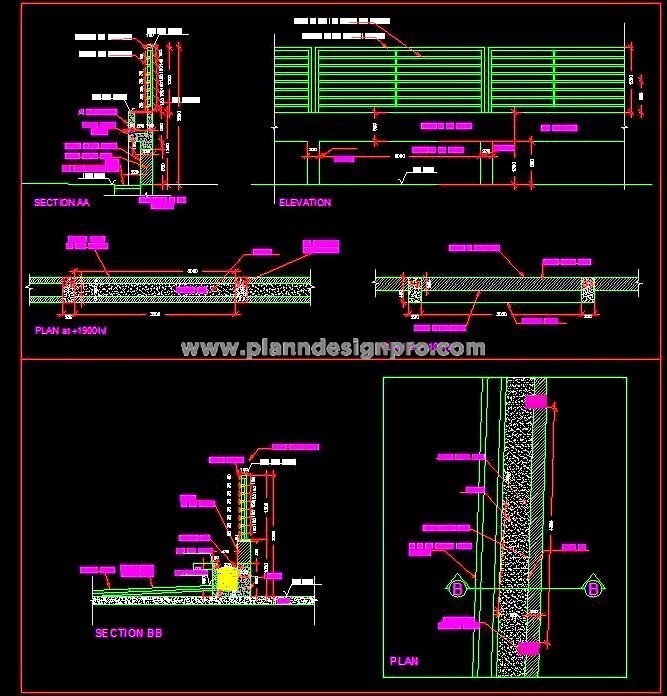 Boundary Wall with Planter and Metal Grill- AutoCAD DWG