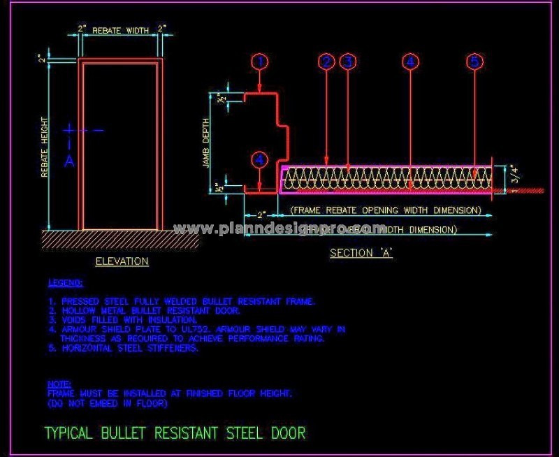 Bullet Resistant Steel Door CAD- Elevation & Section Details