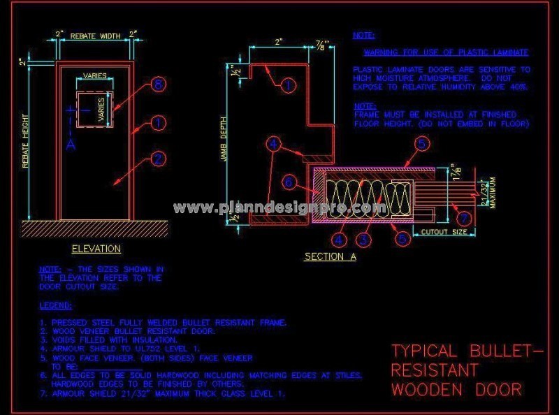 Bullet Resistant Wooden Door CAD- Steel Frame & Details
