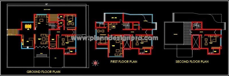 Bungalow AutoCAD Layout 95' x 75' with Ground + 2 Floors
