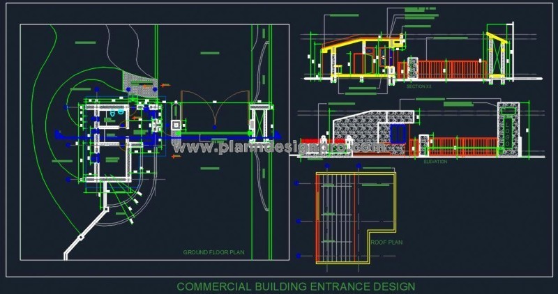 Commercial Building Entrance CAD- Floor Plan, Elevation & Gates