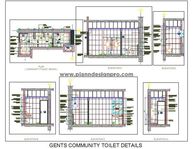 Commercial Gents Toilet DWG- Brick Partitions & Urinal Design
