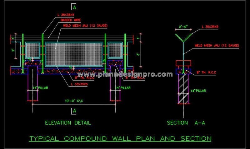Compound Wall Design CAD File with Brick and RCC