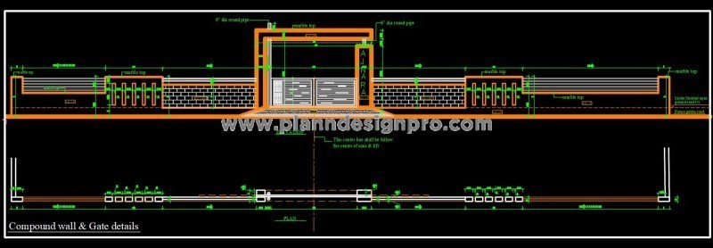 Compound Wall and Main Gate Design Details in AutoCAD