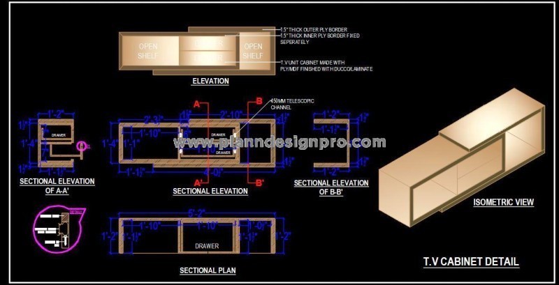 Contemporary TV Stand Cabinet CAD Drawing