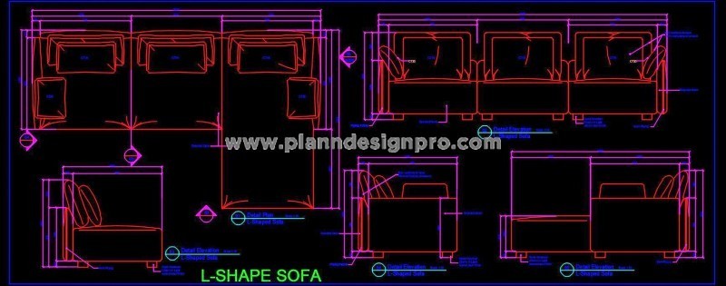 Corner L-Shape Sofa CAD Plans with Elevation and Sections