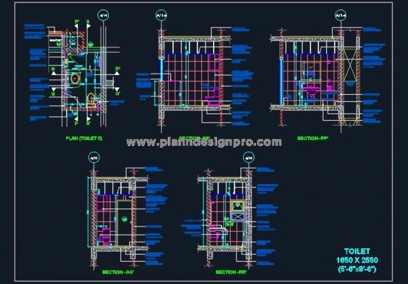 DWG Toilet Design- 5'-6 x 8'-6 Plan with WC, Basin & Shower