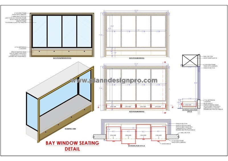 Detailed Bay Window Seat Bench Design in AutoCAD