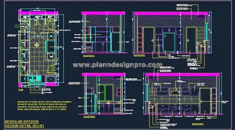Detailed Kitchen Layout DWG- Granite Counter, Sink, and Storage