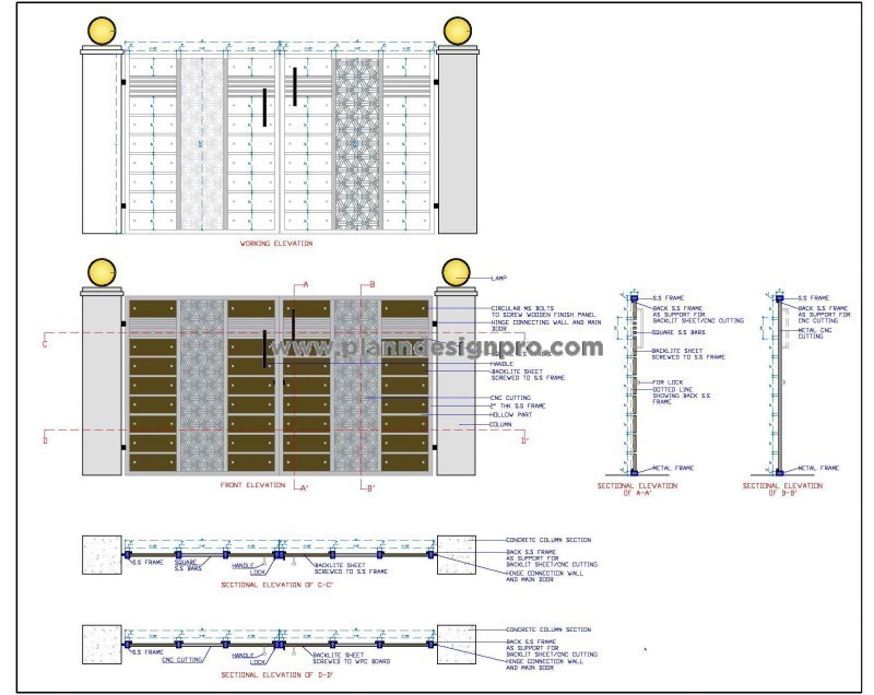 Detailed Main Gate CAD Drawing  Stainless Steel & Wood Design