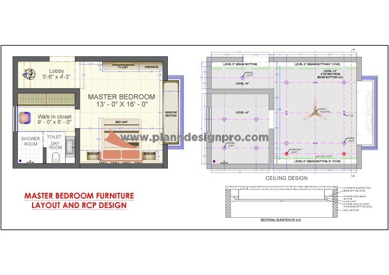Detailed Master Bedroom Layout with False Ceiling DWG