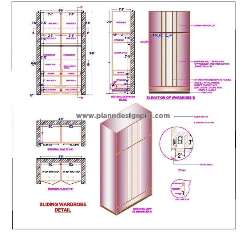 Detailed Sliding Wardrobe CAD Drawing (5' Length)