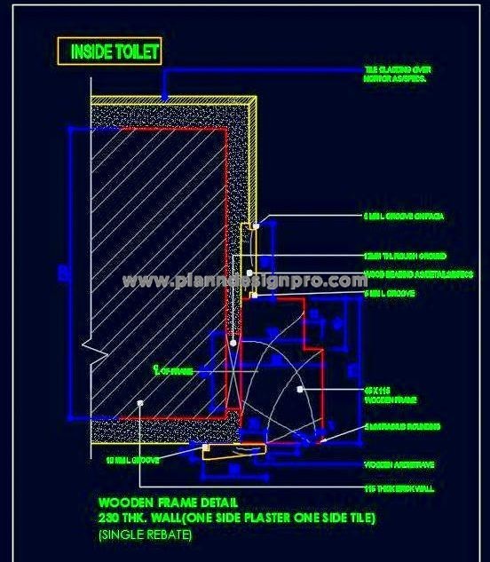 Door Frame AutoCAD Section 230 mm Wall, Single Rebate Detail